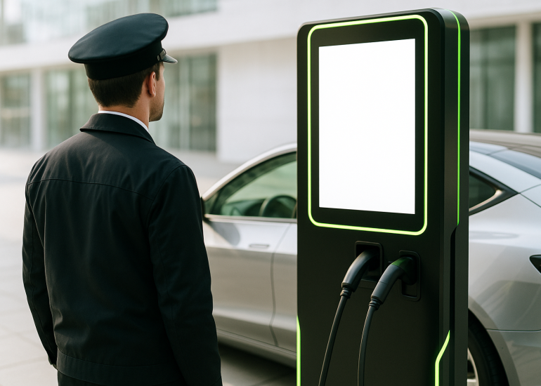Driver standing beside a modern EV charging station, looking at a bright digital advertising screen, lime-green accents