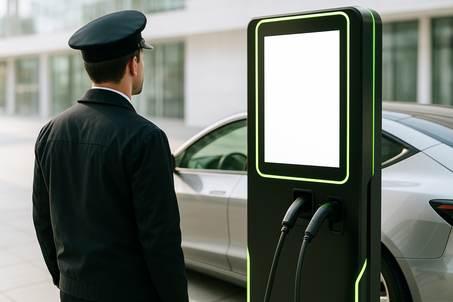Driver standing beside a modern EV charging station, looking at a bright digital advertising screen, lime-green accents