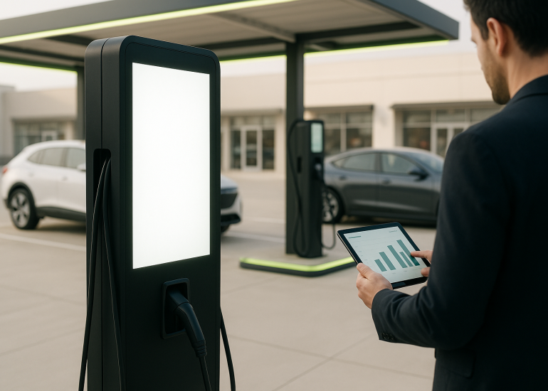 Marketer studying an analytics dashboard on a tablet beside a digital advertising screen on an EV charging station