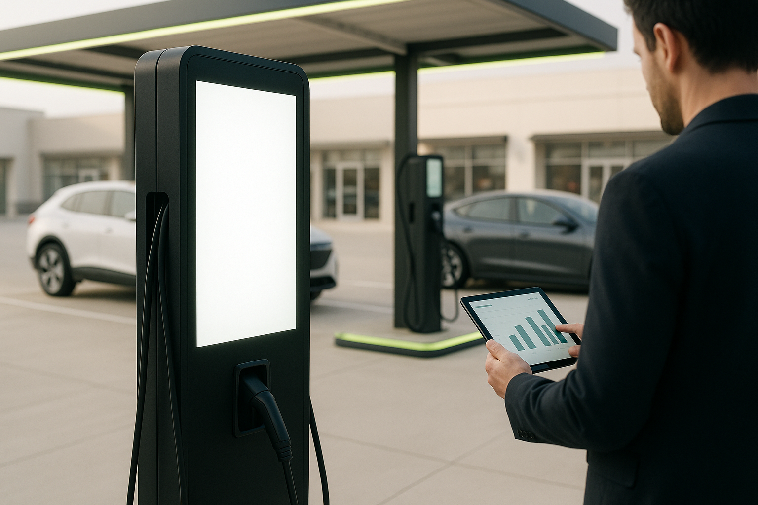 Marketer studying an analytics dashboard on a tablet beside a digital advertising screen on an EV charging station