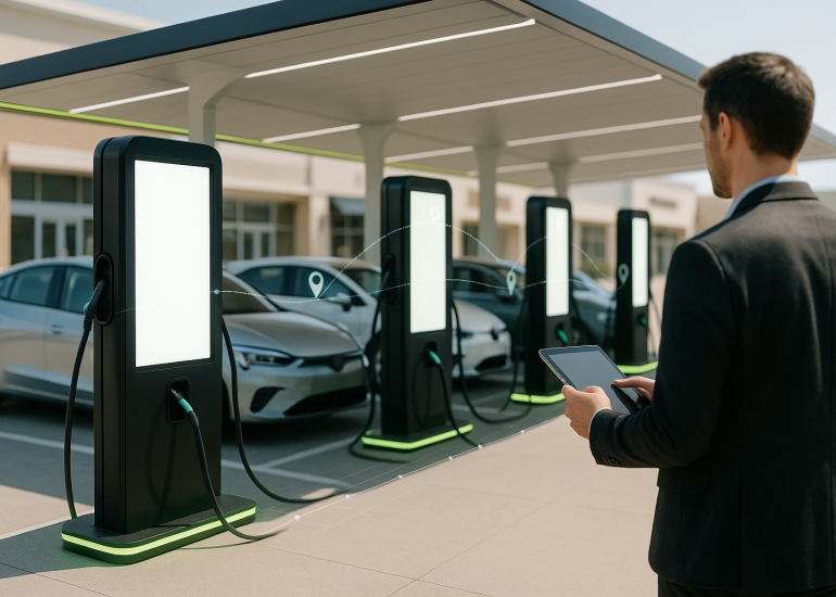 EV charging advertising network of digital screens on charging columns at a retail plaza seen by a media buyer