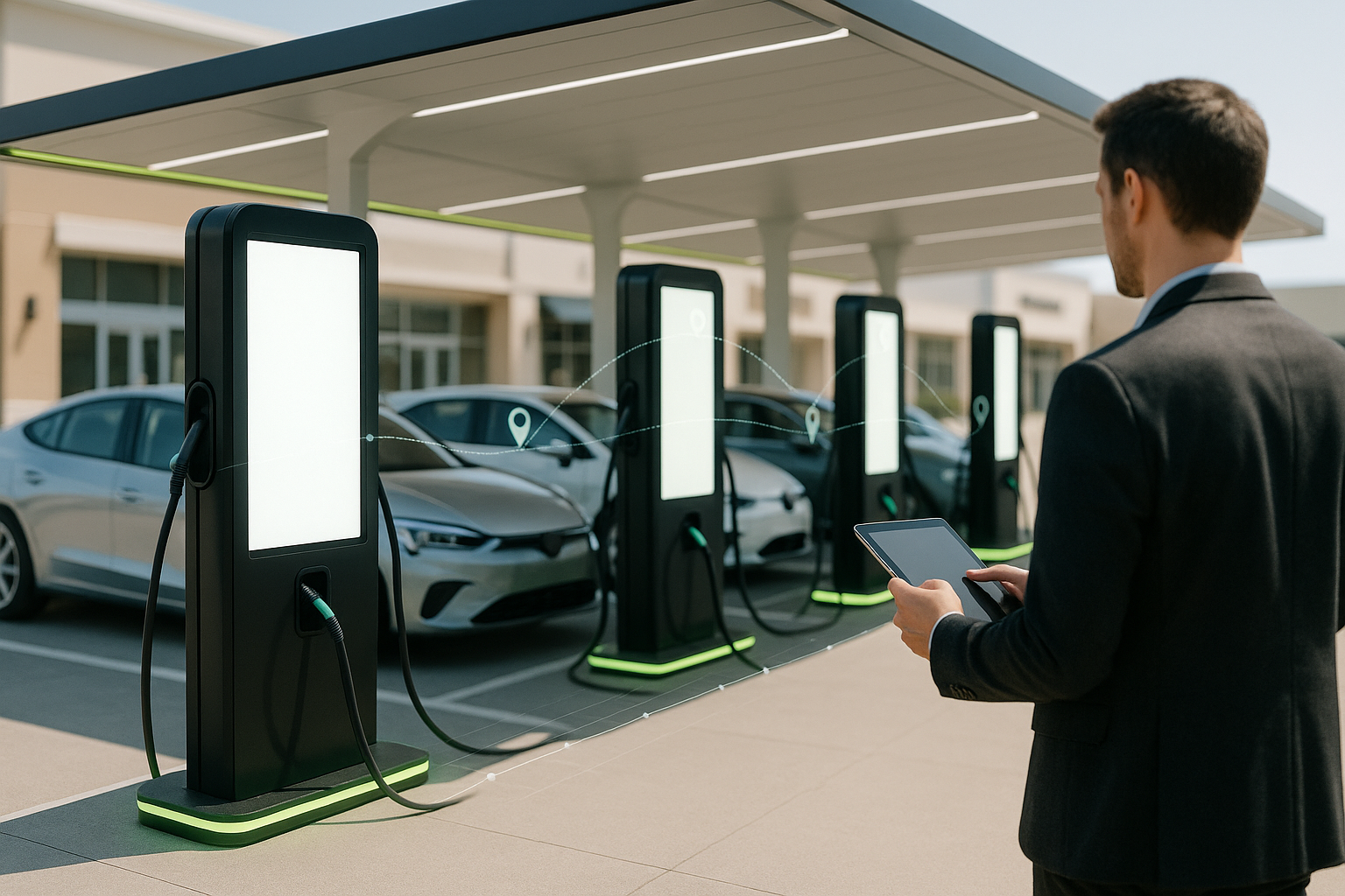 EV charging advertising network of digital screens on charging columns at a retail plaza seen by a media buyer