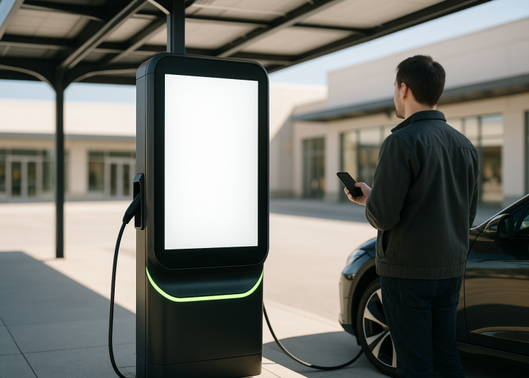EV charging station digital advertising screen viewed by a driver standing with a phone at a retail plaza