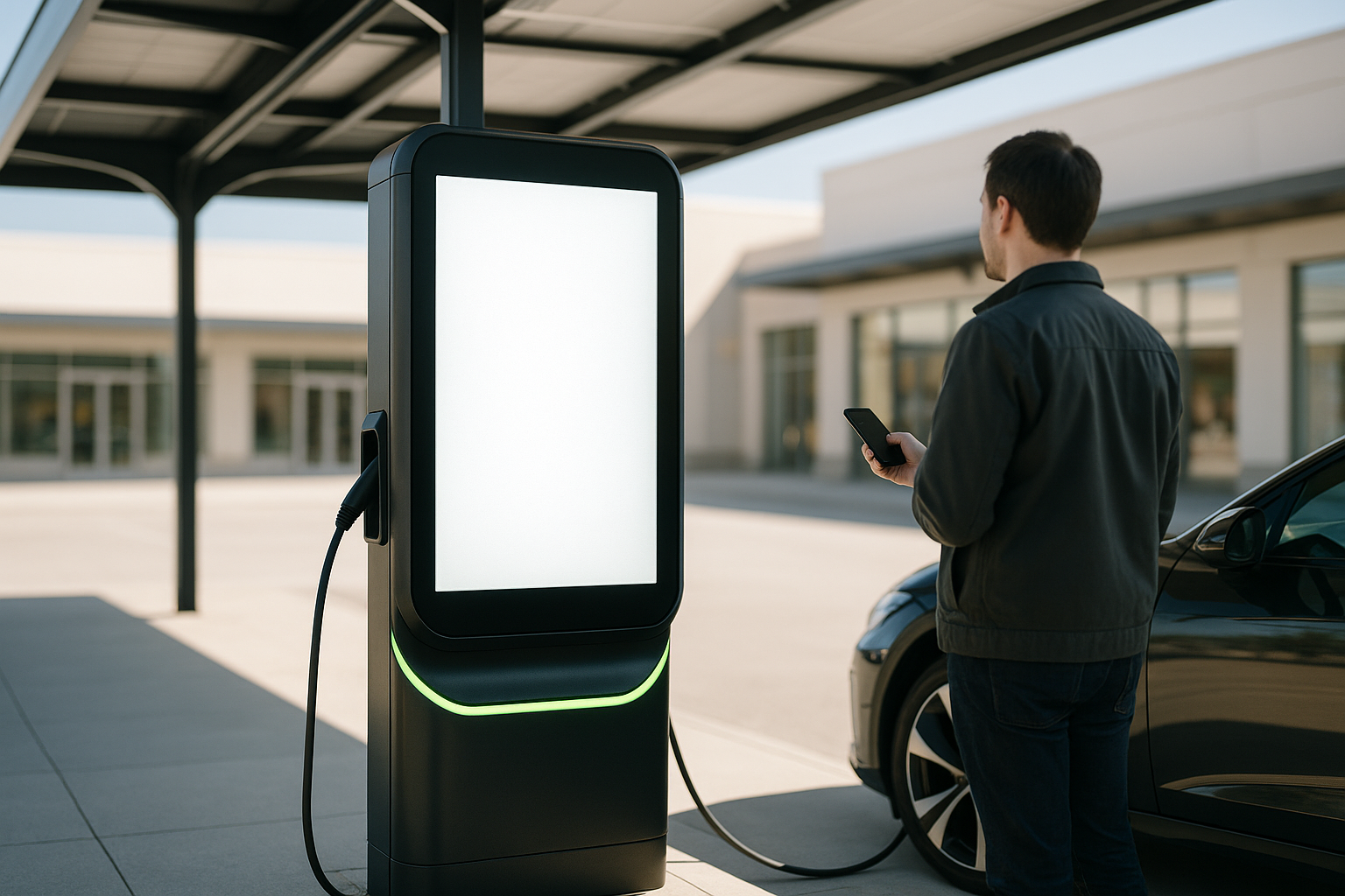 EV charging station digital advertising screen viewed by a driver standing with a phone at a retail plaza