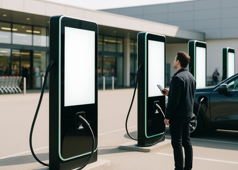 EV charging station digital advertising screen in a busy grocery store parking lot at midday