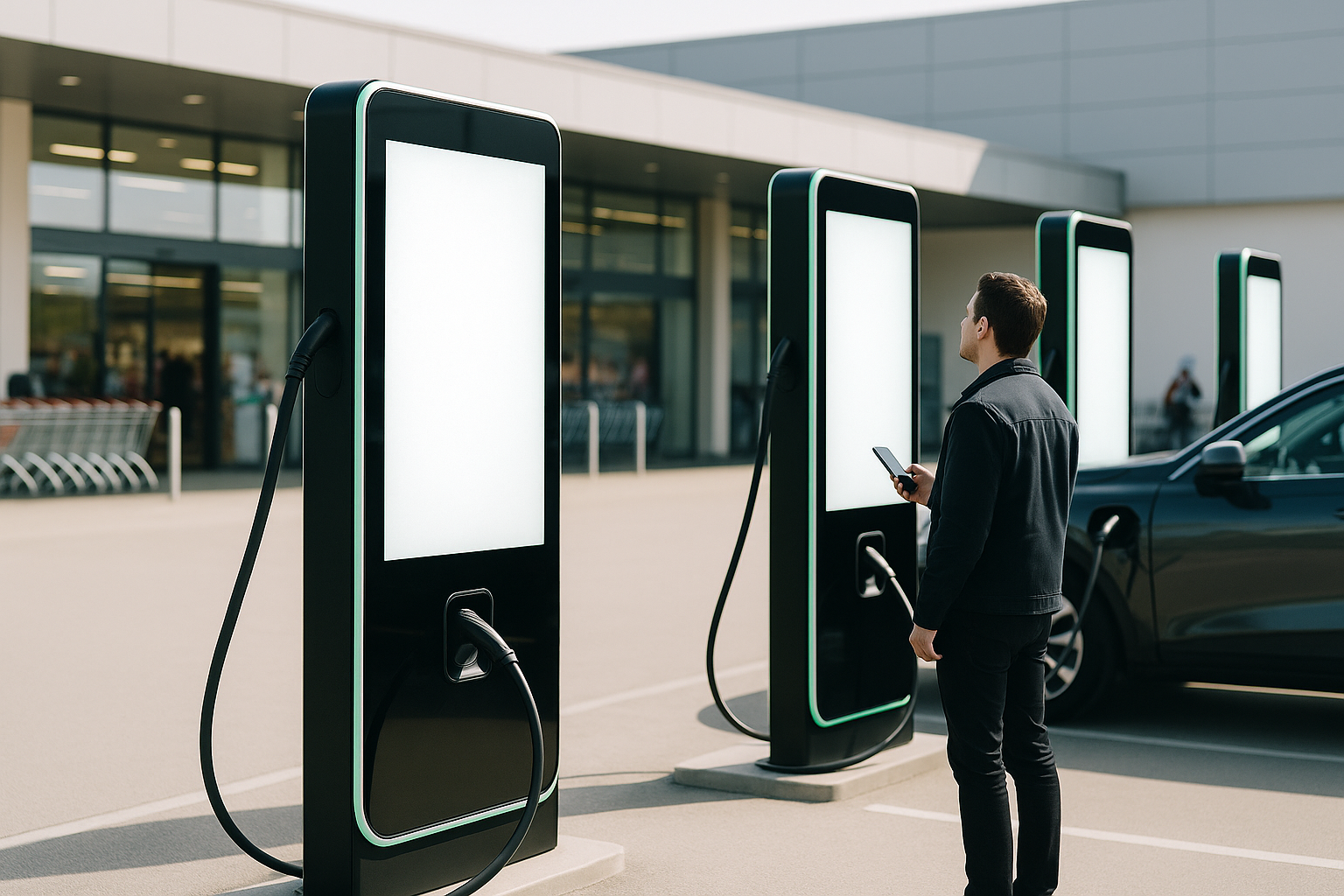 EV charging station digital advertising screen in a busy grocery store parking lot at midday