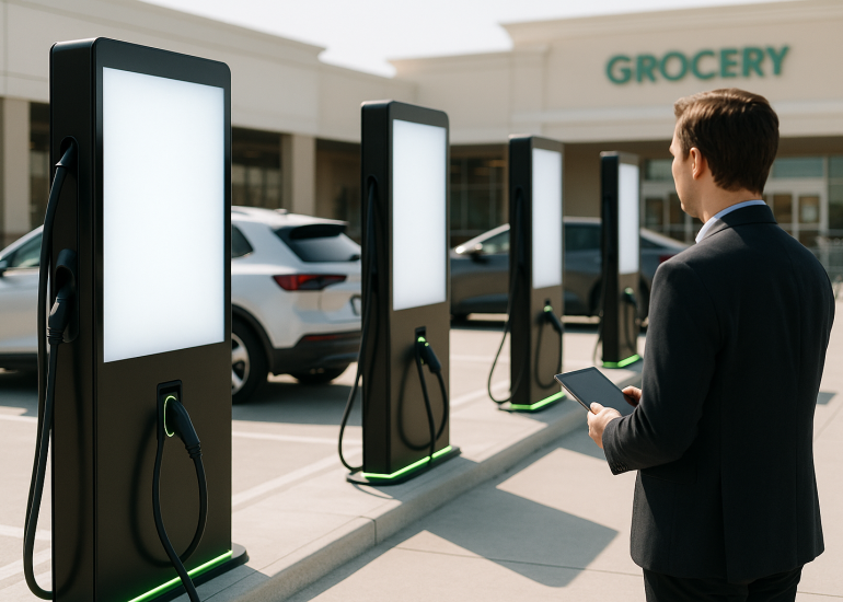 Property manager reviewing charging station advertising displays in a retail shopping center parking lot