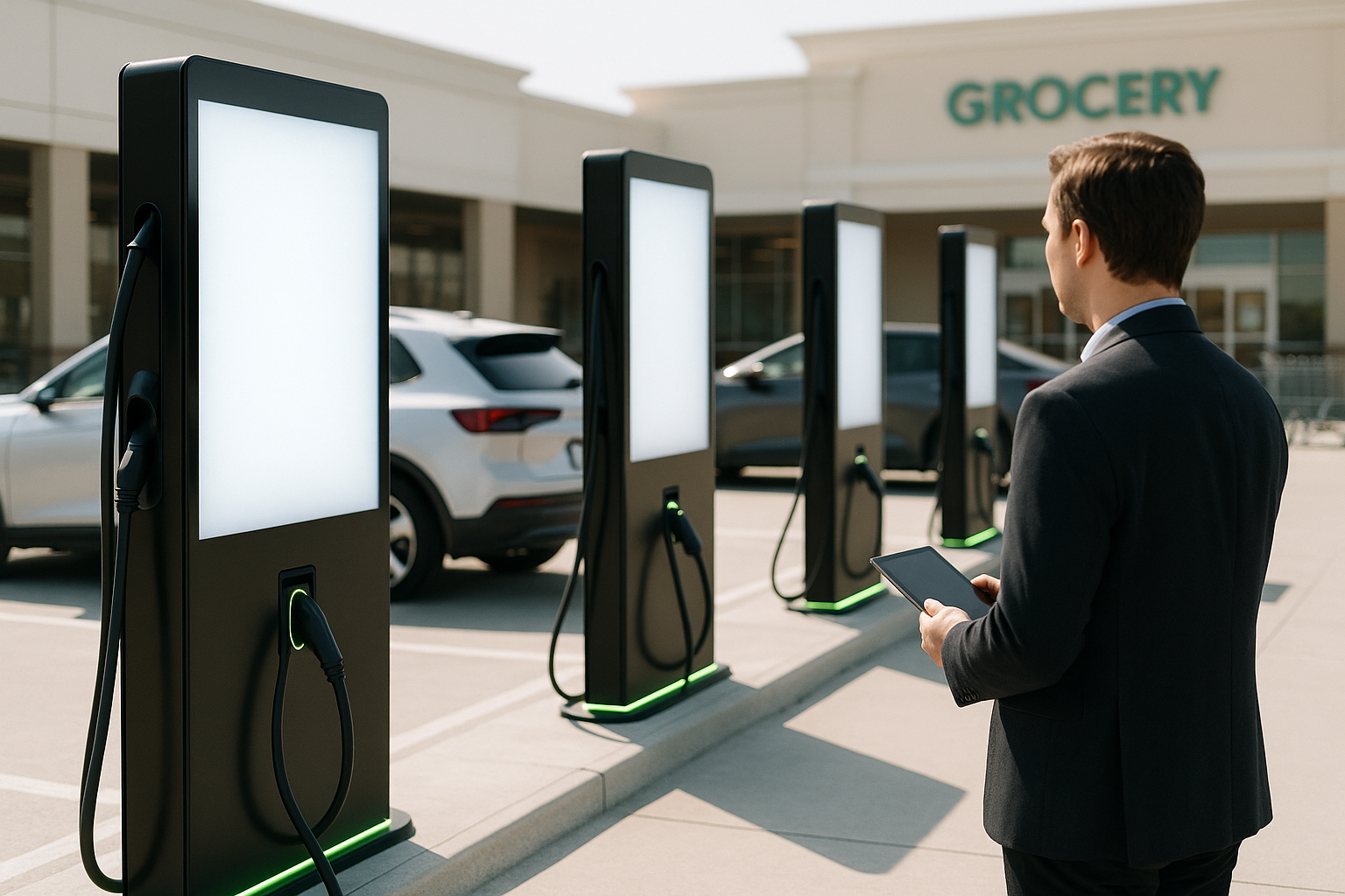 Property manager reviewing charging station advertising displays in a retail shopping center parking lot