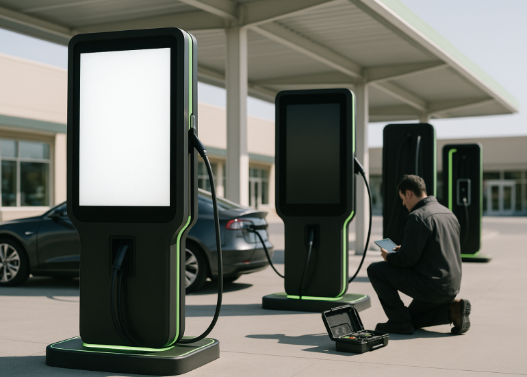 EV charging advertising screens where one working display glows while a dark powered-down screen sits beside it in a retail plaza