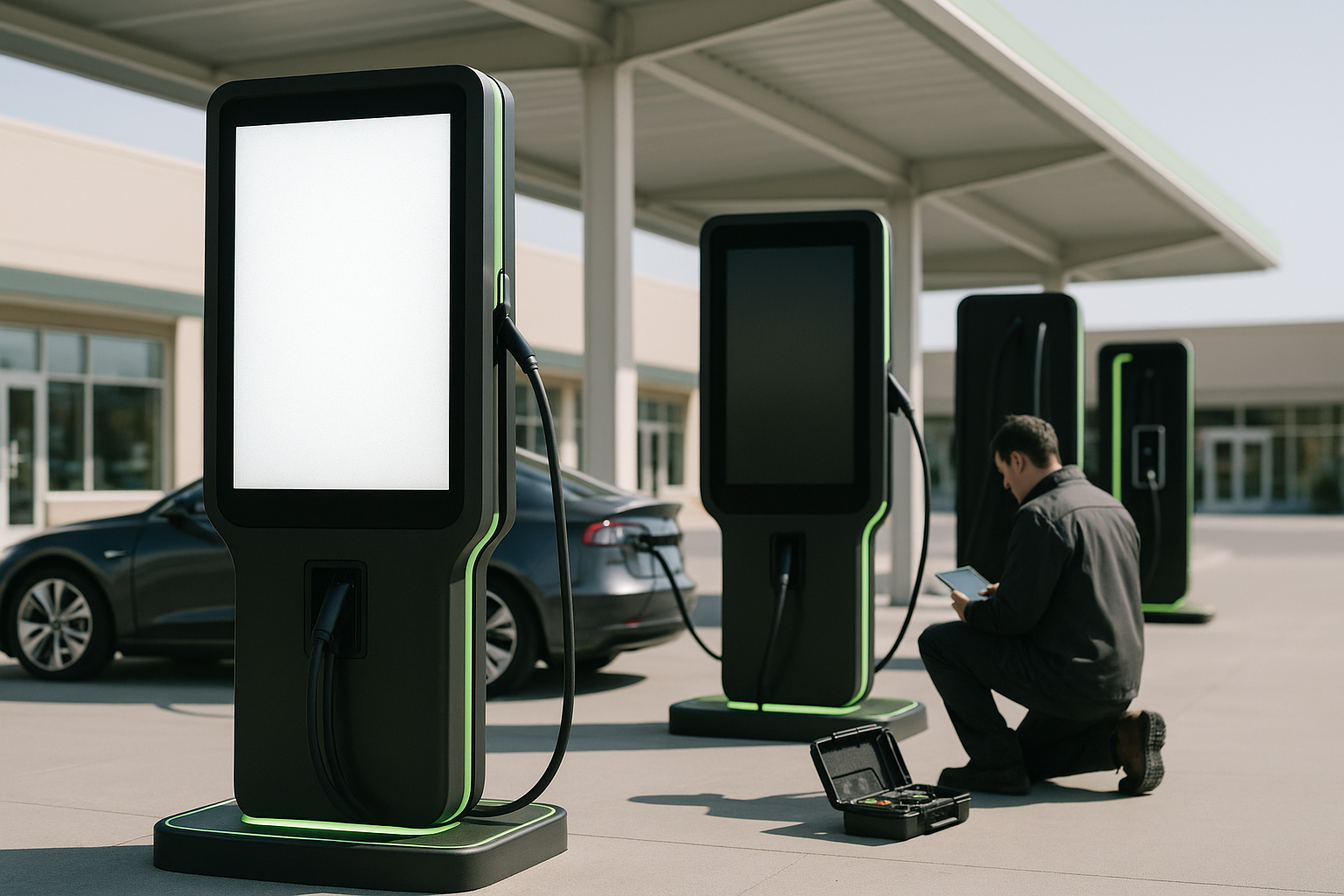 EV charging advertising screens where one working display glows while a dark powered-down screen sits beside it in a retail plaza