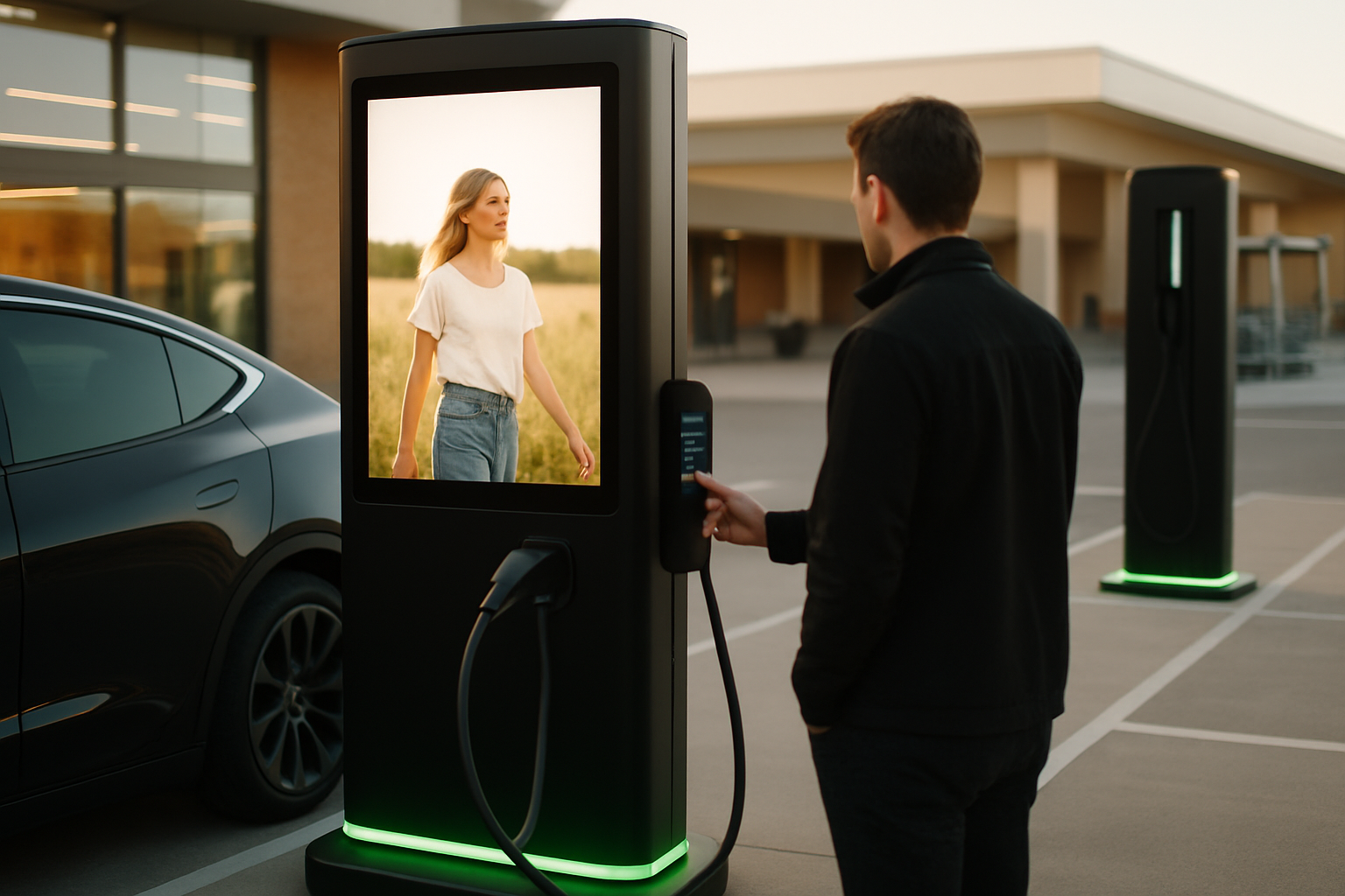 Driver standing beside an electric vehicle watching both the charging status readout and an EV charging advertising screen on the same charger column in a retail parking lot