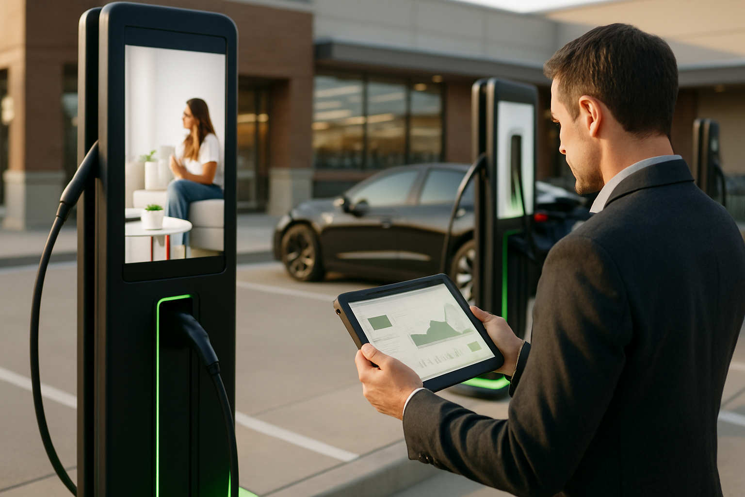 Media strategist reviewing charger-screen measurement data on a tablet beside EV charging advertising screens in a grocery parking lot