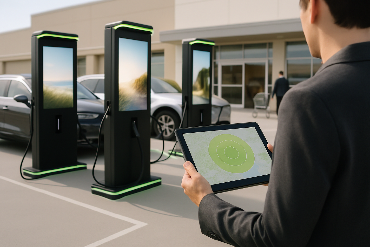 Media planner reviewing a metro overlap map on a tablet beside a dense row of EV charging advertising screens in a grocery parking lot